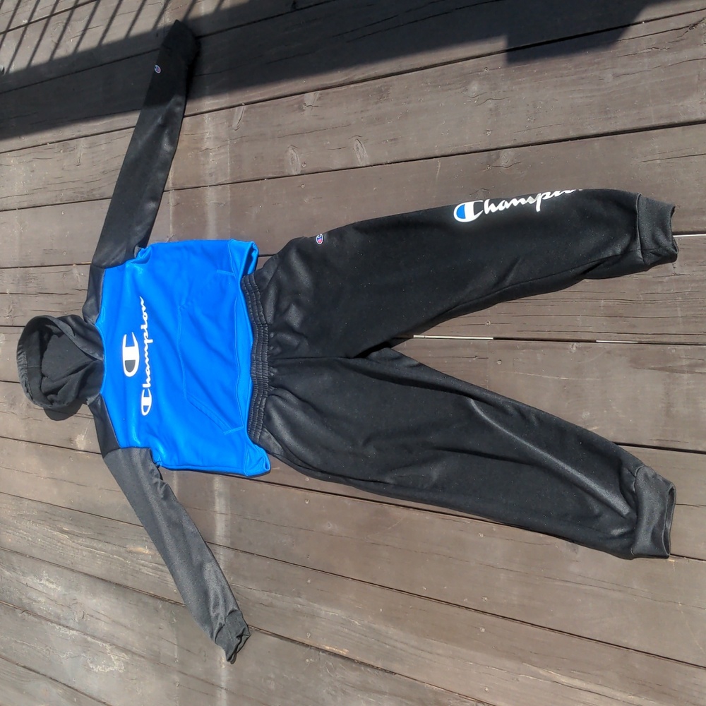 (Set) Black Stretchy Champion Pants With Long Sleeve Sweatshirt With Hoodie